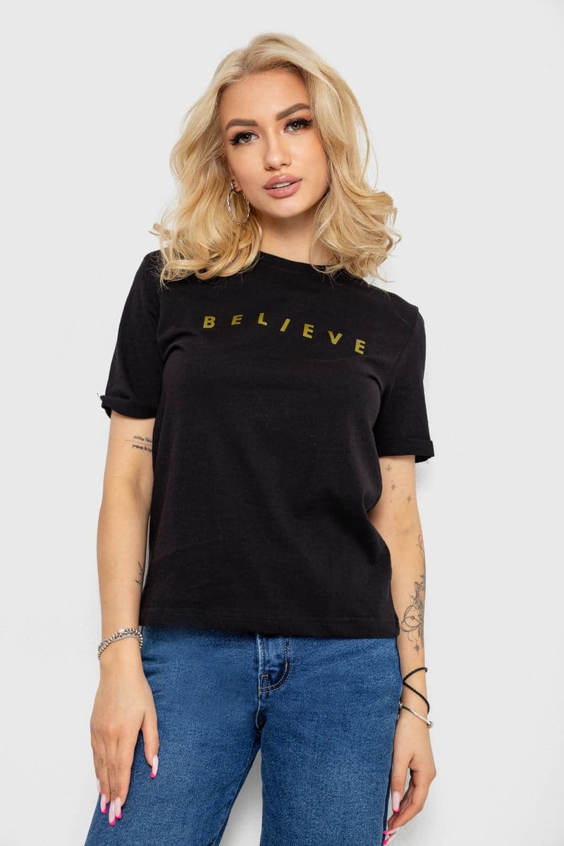 Футболка жіноча з принтом, колір чорно-золотистий, 238R57376 - зображення 1