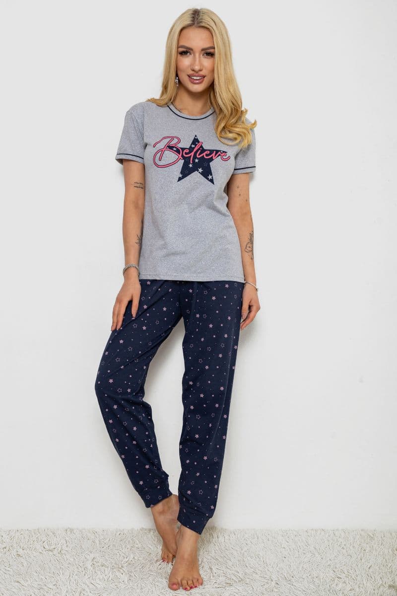 Піжама жіноча з принтом, колір сіро-синій, 243R9214 - зображення 1