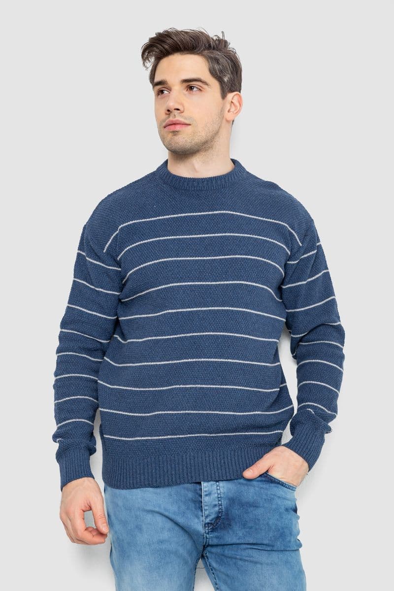 Светр чоловічий в смужку, колір джинс, 161R1057 - зображення 1