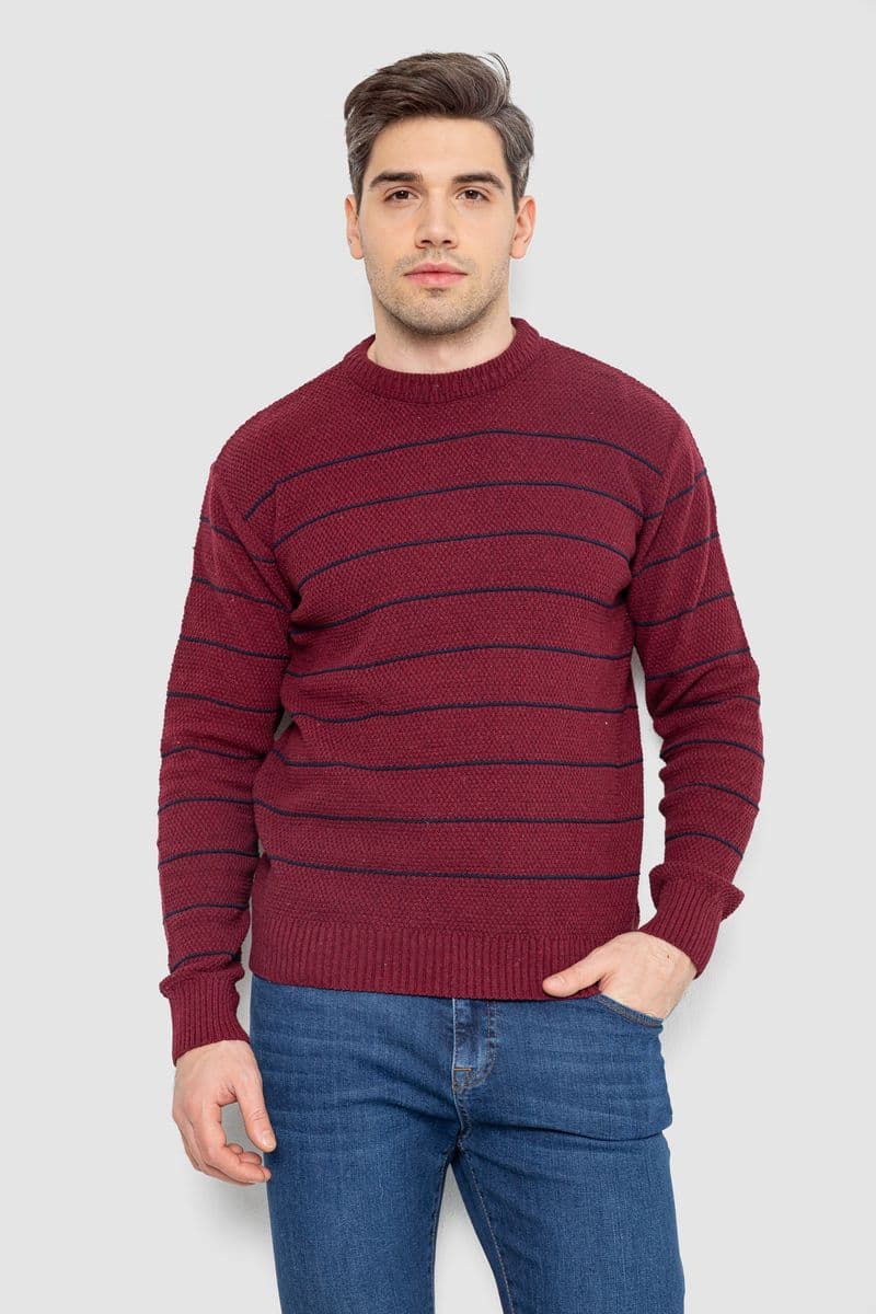 Светр чоловічий в смужку, колір бордовий, 161R1057 - зображення 1