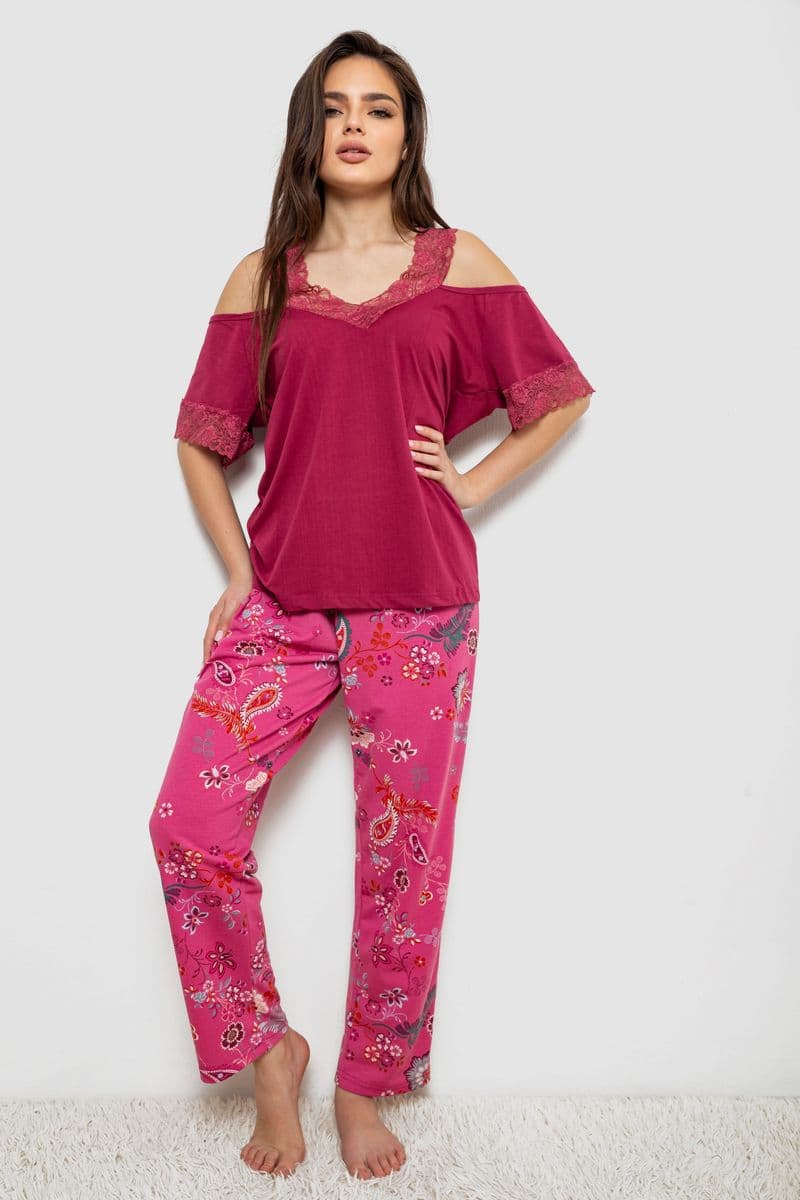Піжама жіноча з принтом, колір бордовий, 243R1600-015 - зображення 1