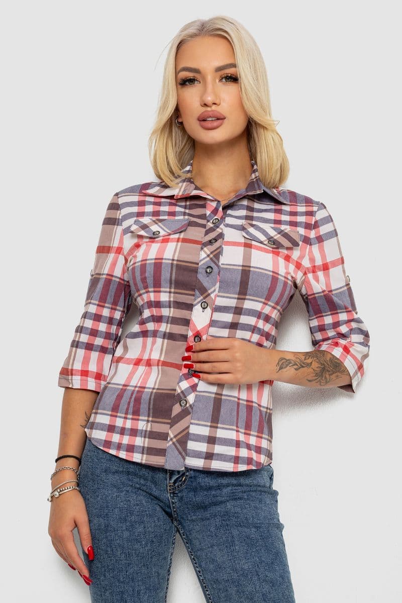 Сорочка жіноча в клітку, колір молочно-червоний, 230R063 - зображення 1