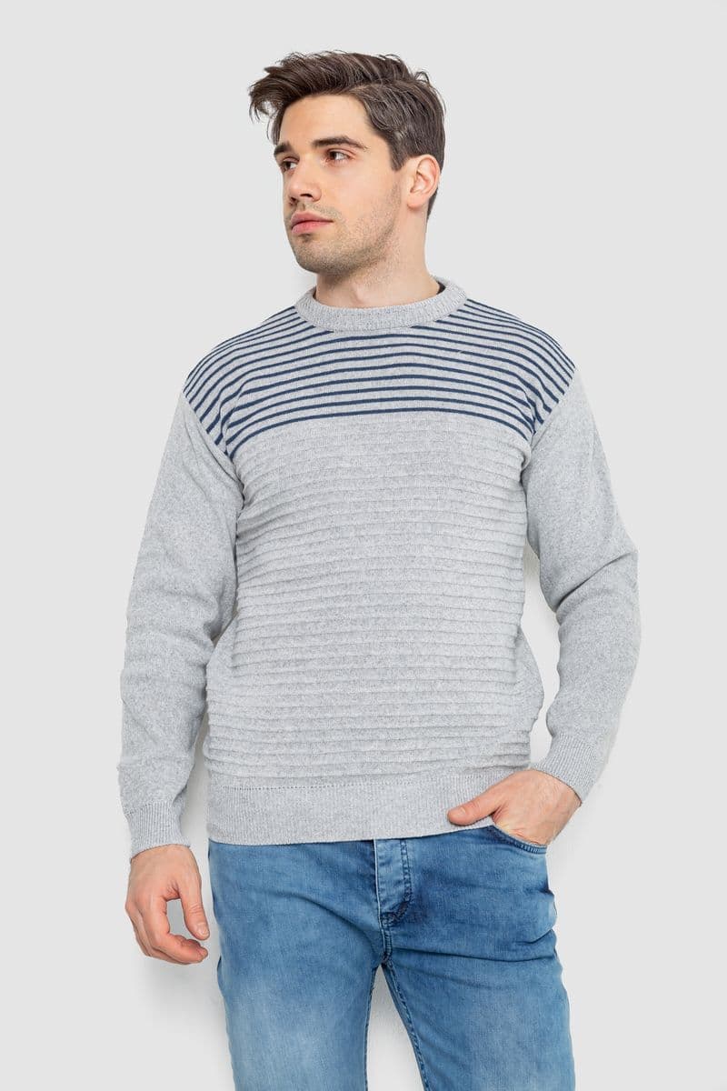 Светр чоловічий в смужку, колір світло-сірий, 161R1029 - зображення 1
