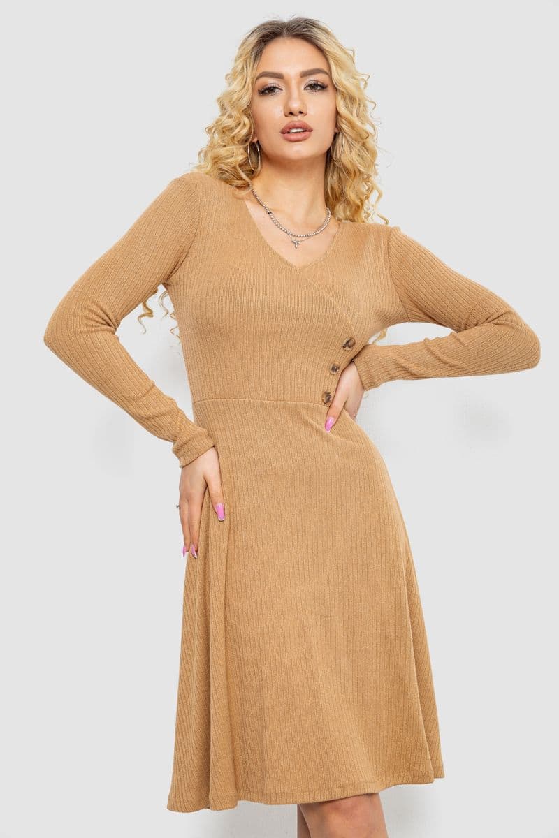 Сукня трикотажна з оборкою, колір бежевий, 230R0113 - зображення 1