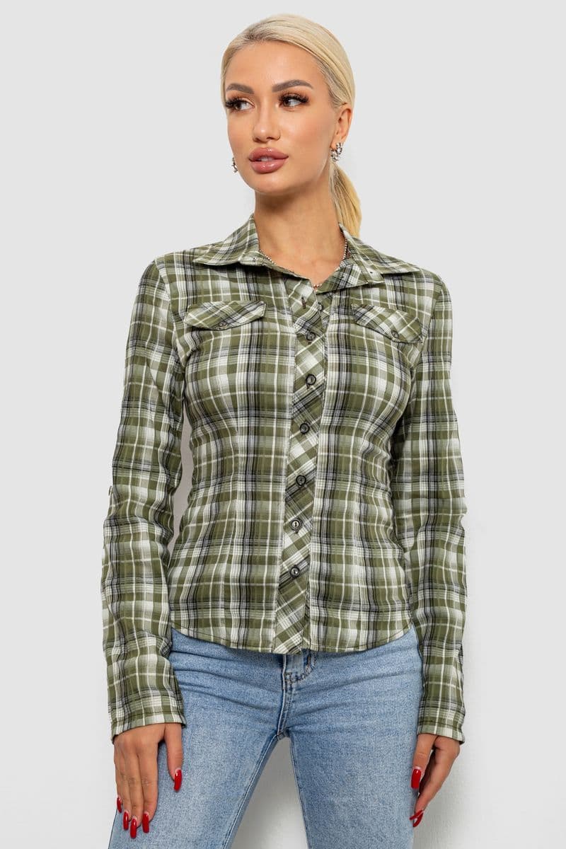 Сорочка жіноча в клітку, колір хакі, 230R064-1 - зображення 1