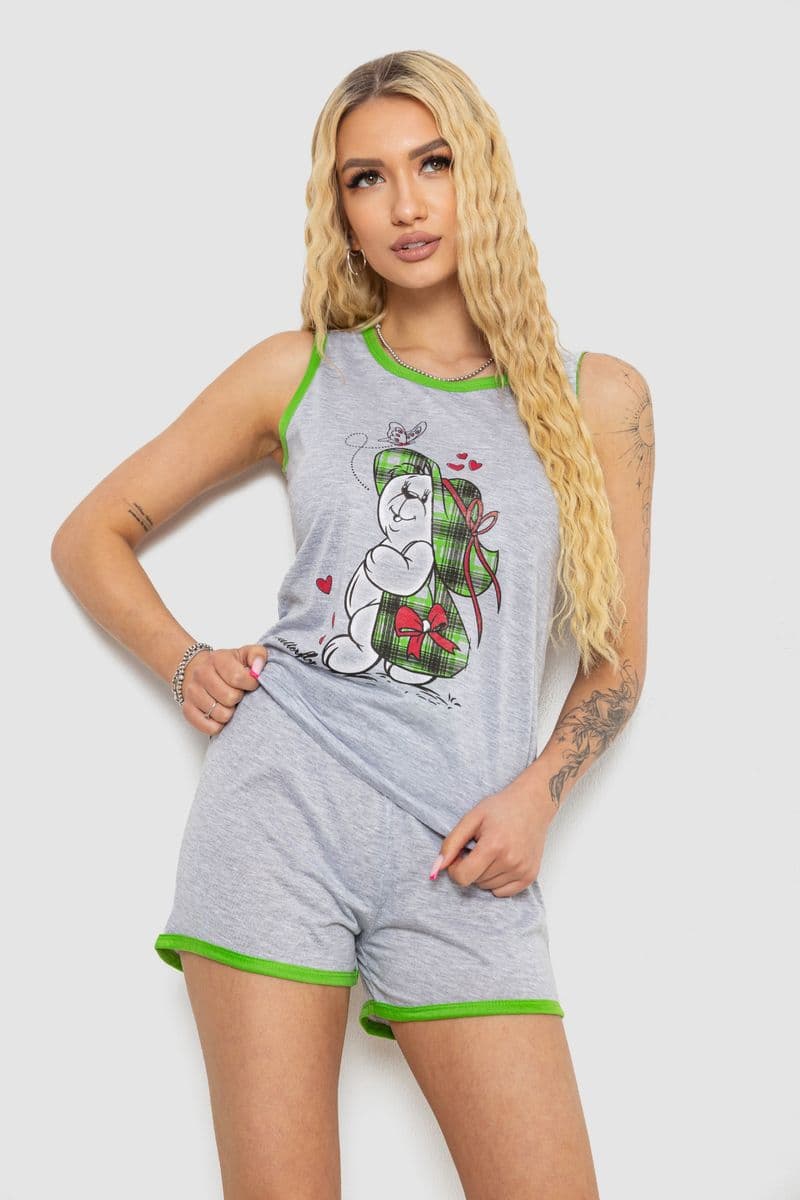 Жіноча піжама з принтом, колір сіро-салатовий, 238RB40 - зображення 1