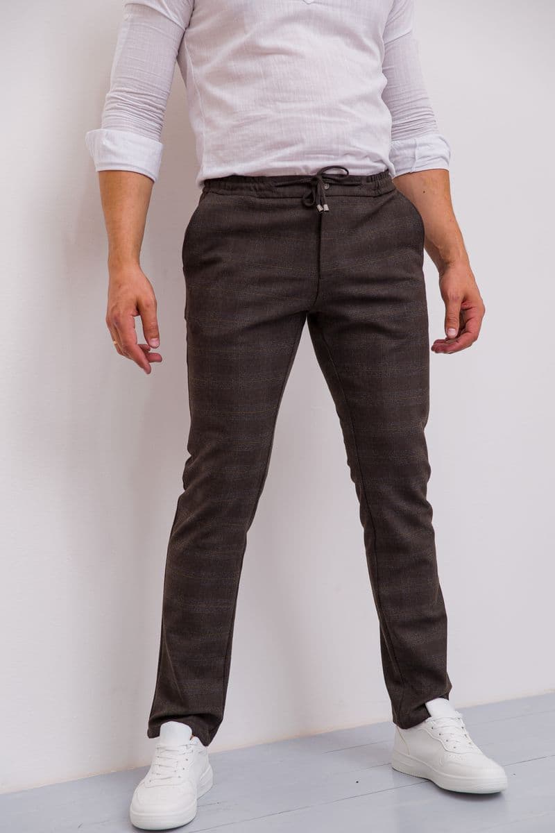 Штани чоловічі в клітку, колір коричневий, 194R2210 - зображення 1