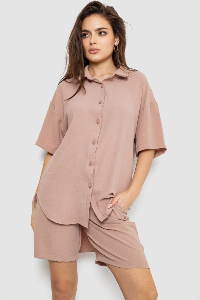 Костюм жіночий однотонний, колір бежевий, 119R0038-1 - зображення 1