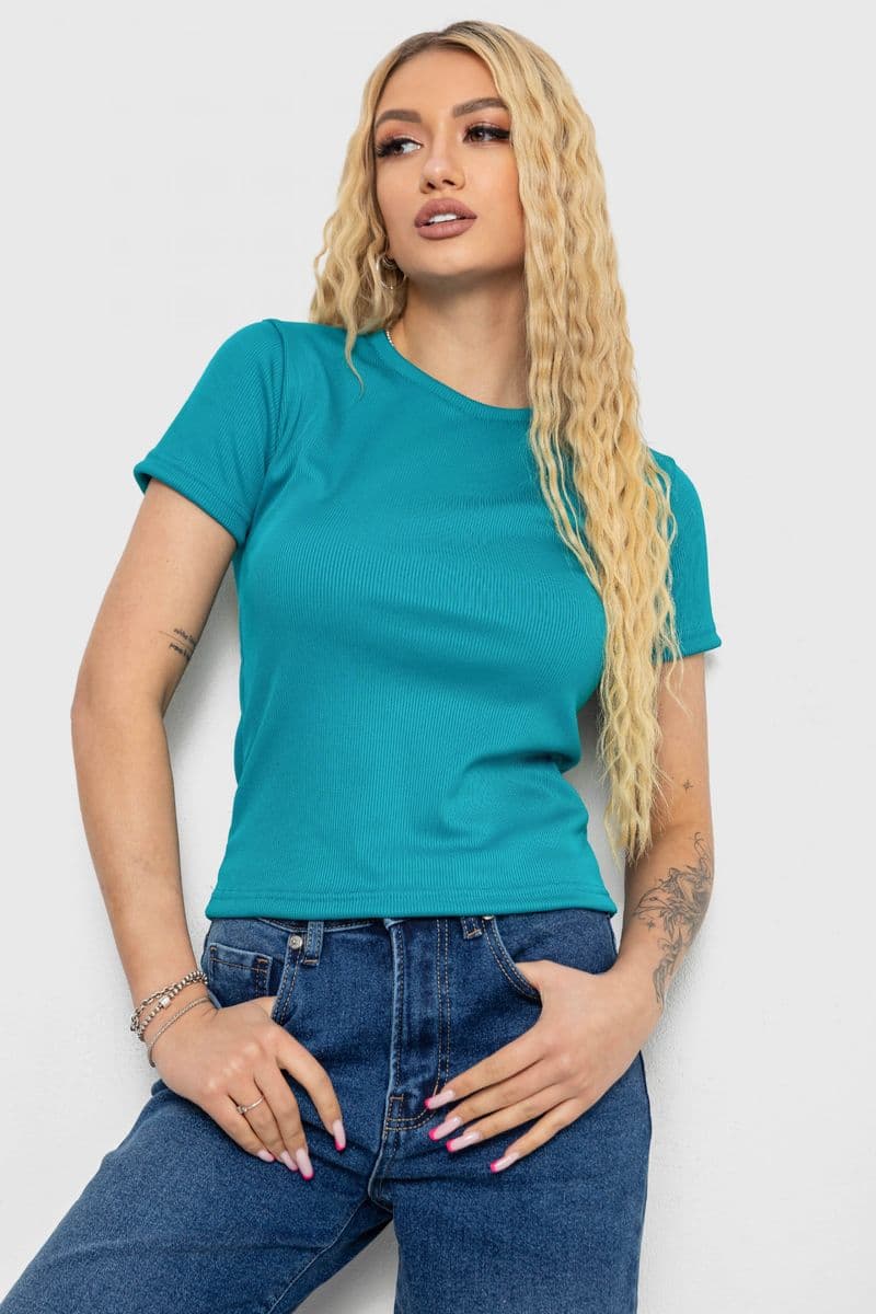 Футболка жіноча в рубчик, колір смарагдовий, 238R123-2 - зображення 1