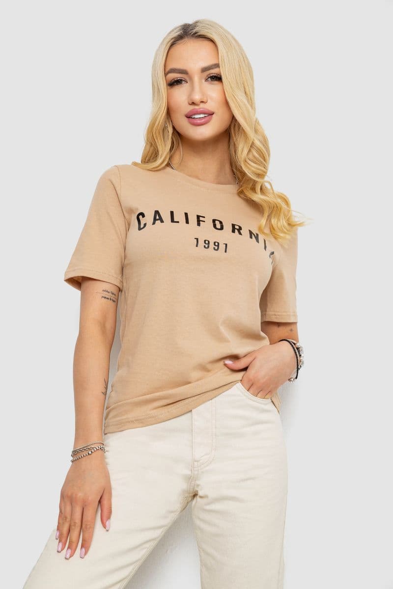 Футболка жіноча з принтом 241R130, колір бежевий, 241R131 - зображення 1