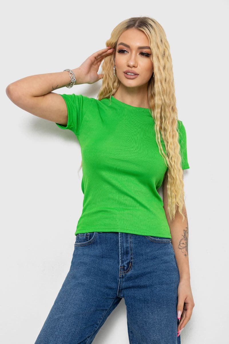 Футболка жіноча в рубчик, колір зелений, 238R123-2 - зображення 1