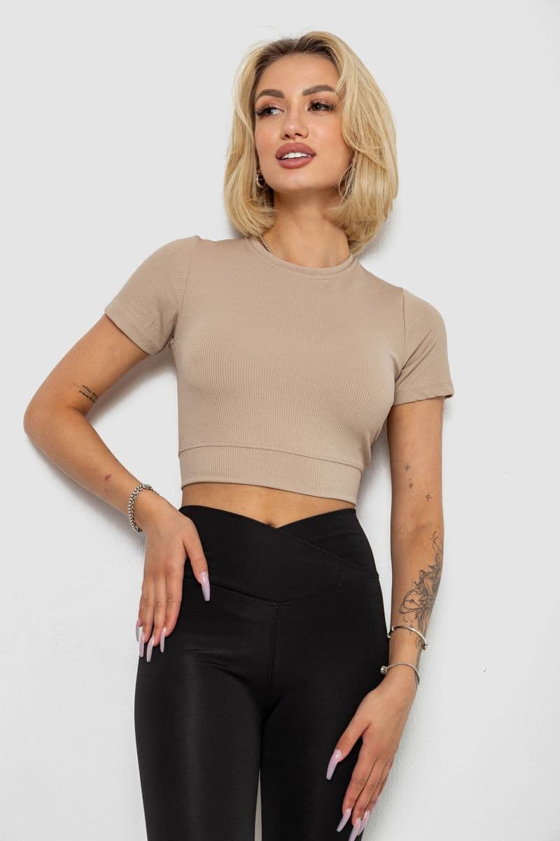 Футболка - топ жіноча в рубчик, колір бежевий, 238R58210 - зображення 1