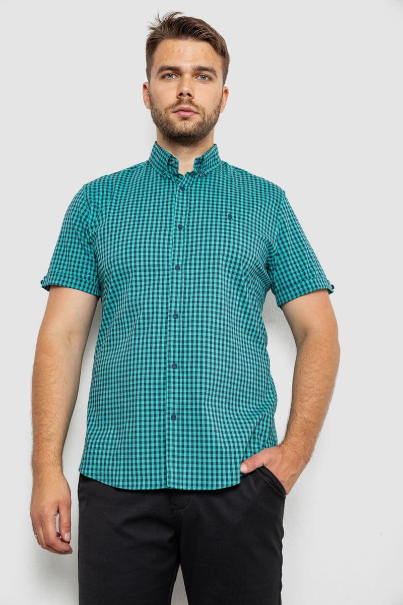 Сорочка чоловіча в клітинку, колір бірюзовий, 214R4564-2 - зображення 1