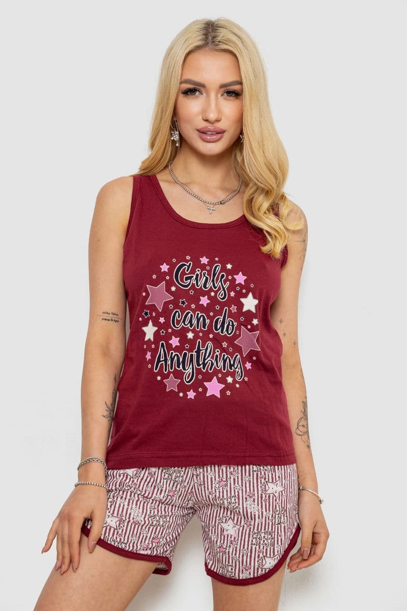 Піжама жіноча з принтом, колір бордовий, 243R2039-1 - зображення 1