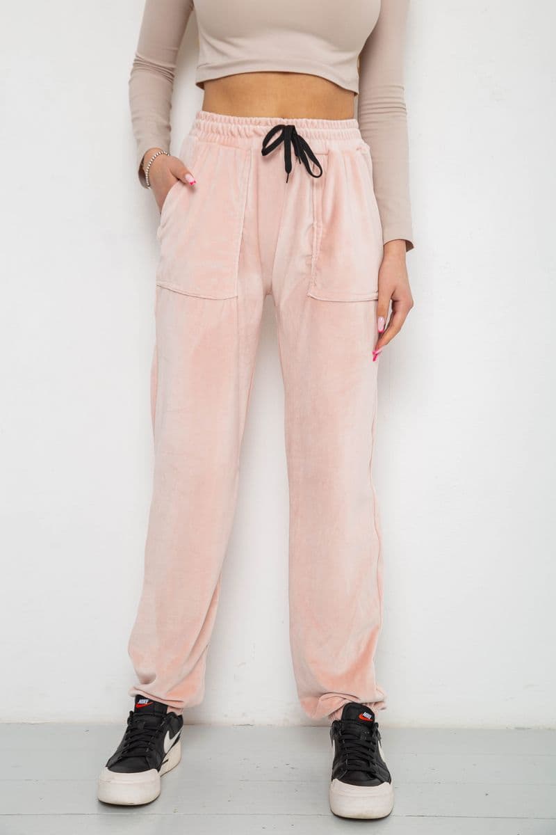 Штани жіночі велюрові, колір пудровий, 238R58168 - зображення 1