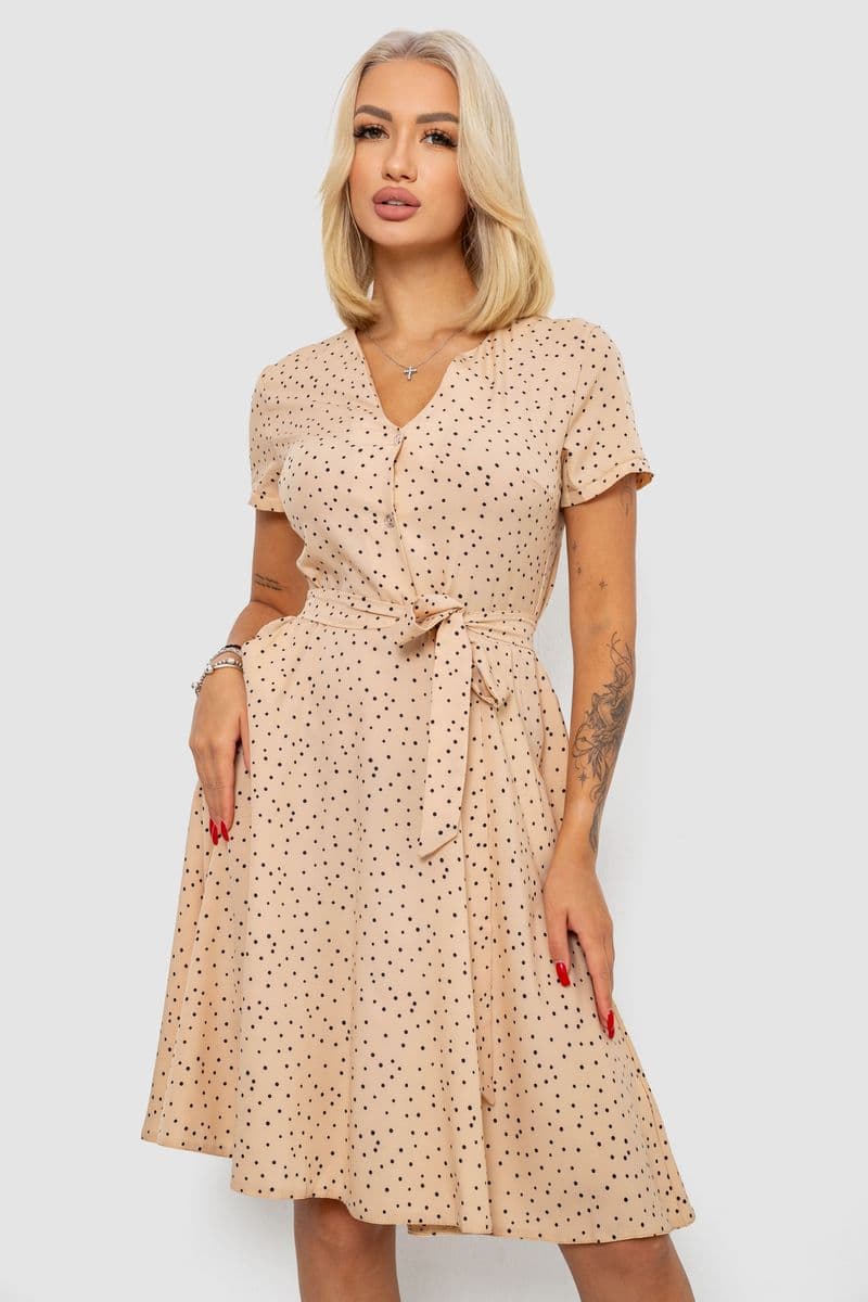 Сукня софт з принтом у горох, колір бежевий, 230R0032-3 - зображення 1