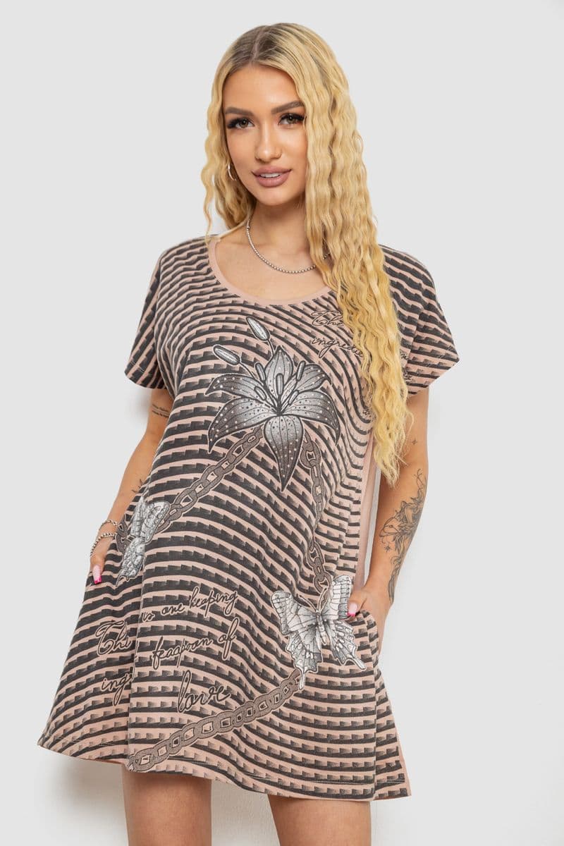 Туніка жіноча з принтом, колір бежево-чорний, 238RBD378 - зображення 1