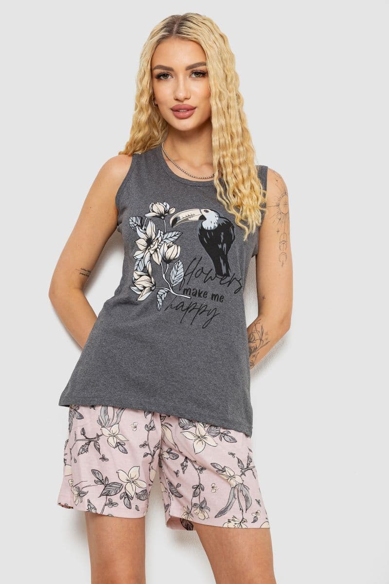 Піжама жіноча з принтом, колір сірий, 243R9623 - зображення 1