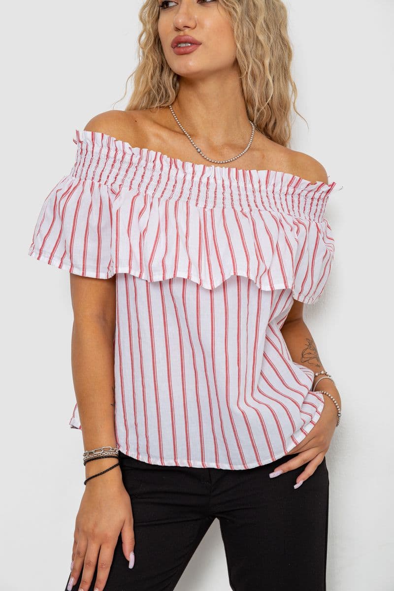 Блуза в смужку, колір біло-червоний, 244R302-1 - зображення 1