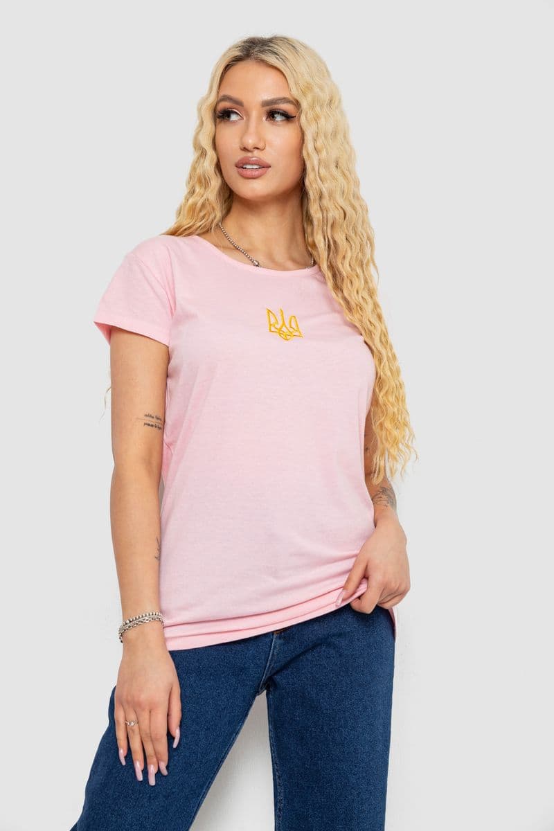 Футболка жіноча з вишитим тризубом, колір рожевий, 244R2213-2 - зображення 1