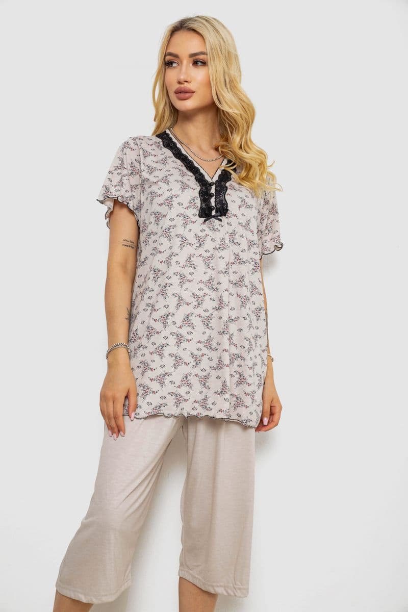 Піжама жіноча з принтом, колір бежевий, 243R6968 - зображення 1