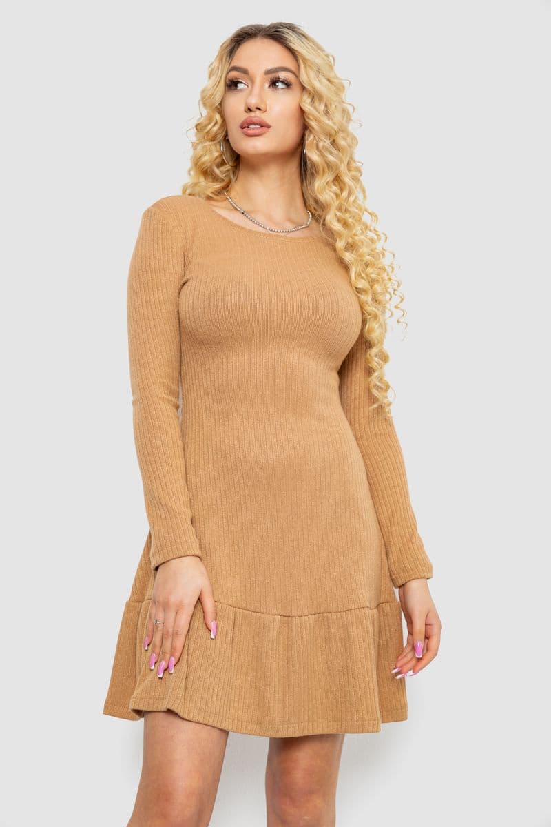Сукня трикотажна з оборкою, колір бежевий, 230R0112 - зображення 1
