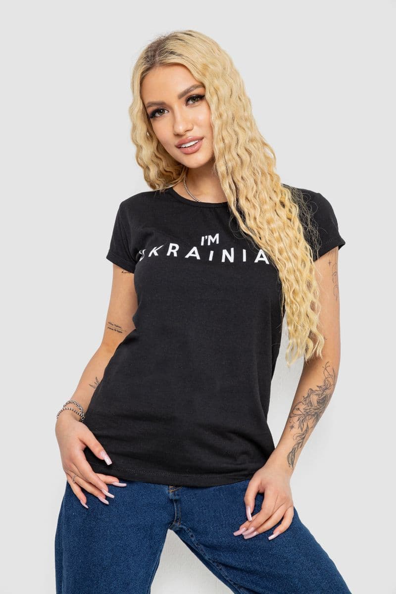 Футболка жіноча з патріотичним принтом, колір чорний, 244R2213 - зображення 1