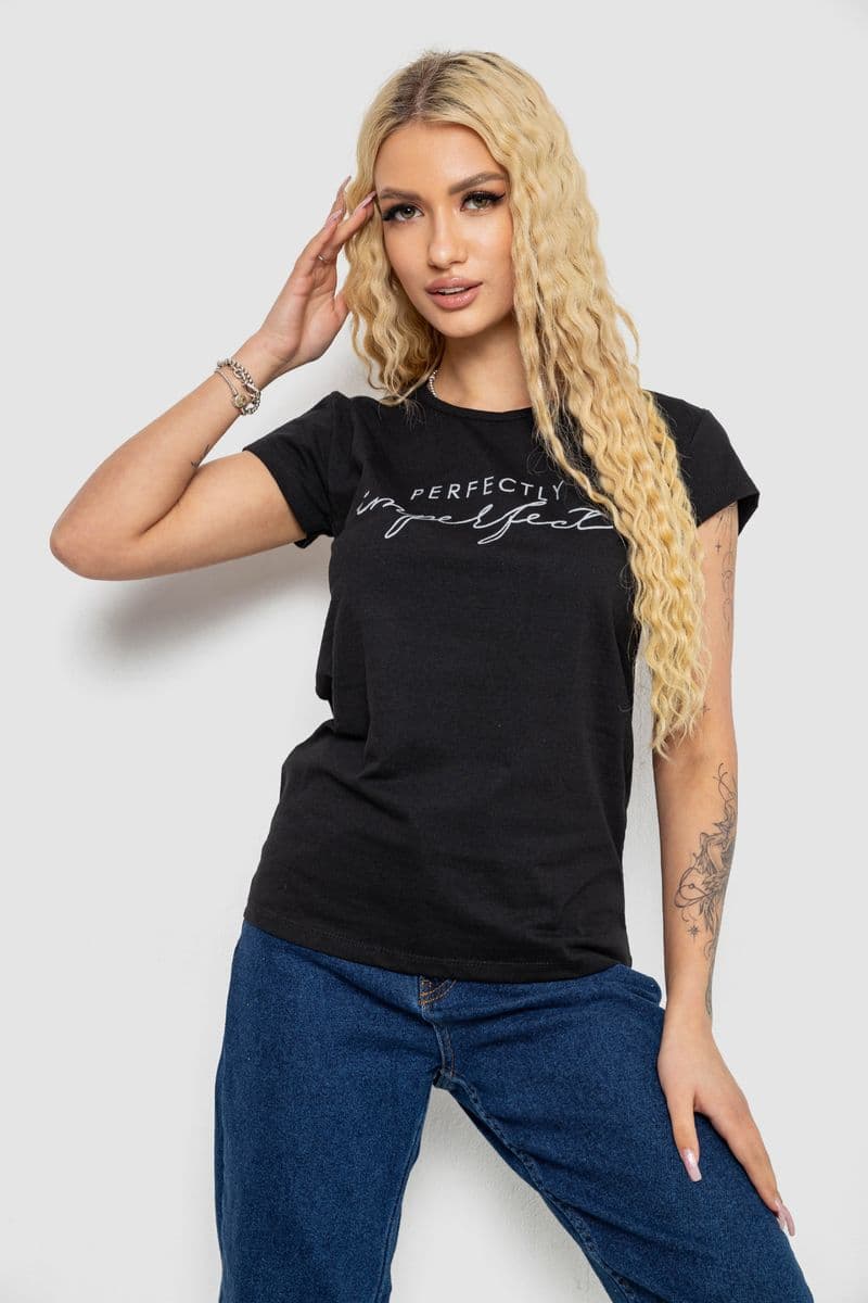 Футболка жіноча з принтом, колір чорний, 244R2208-1 - зображення 1