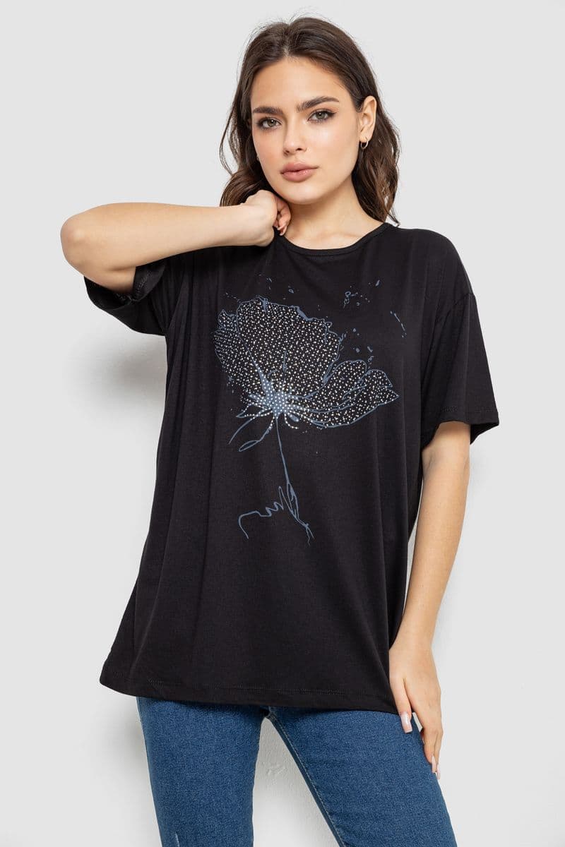 Футболка жіноча з принтом, колір чорний, 244R602 - зображення 1