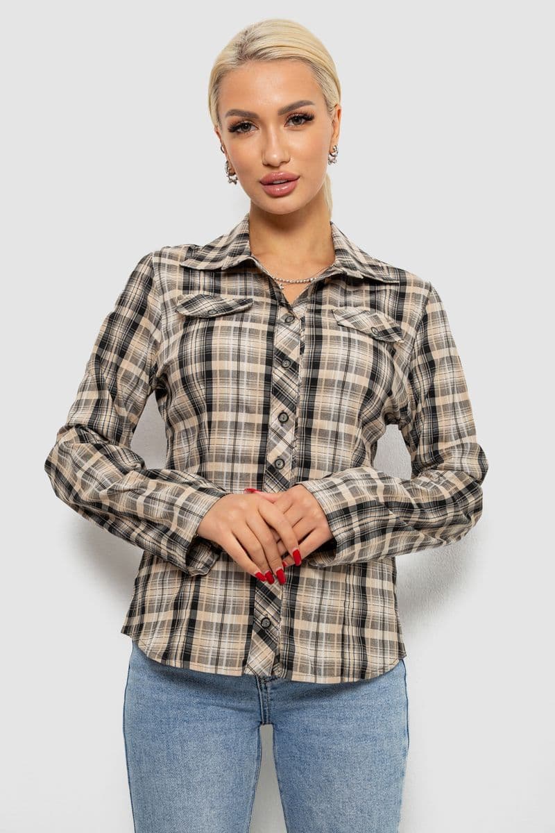 Сорочка жіноча в клітку, колір бежевий, 230R064-1 - зображення 1