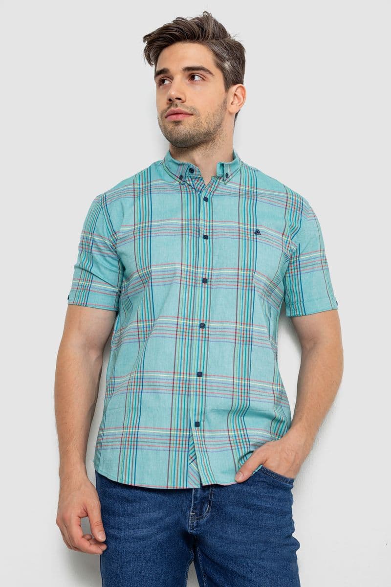 Сорочка чоловіча в клітку, колір бірюзовий, 214R244564 - зображення 1