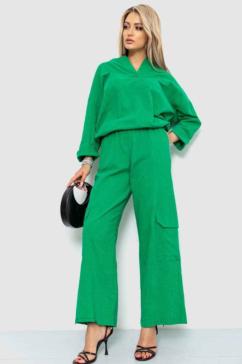Костюм жіночий вільного крою жатка, колір зелений, 115R0530 - зображення 1