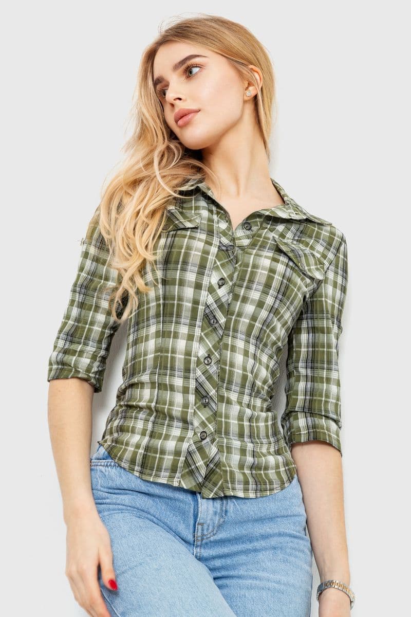 Сорочка жіноча в клітку, колір хакі, 230R063 - зображення 1