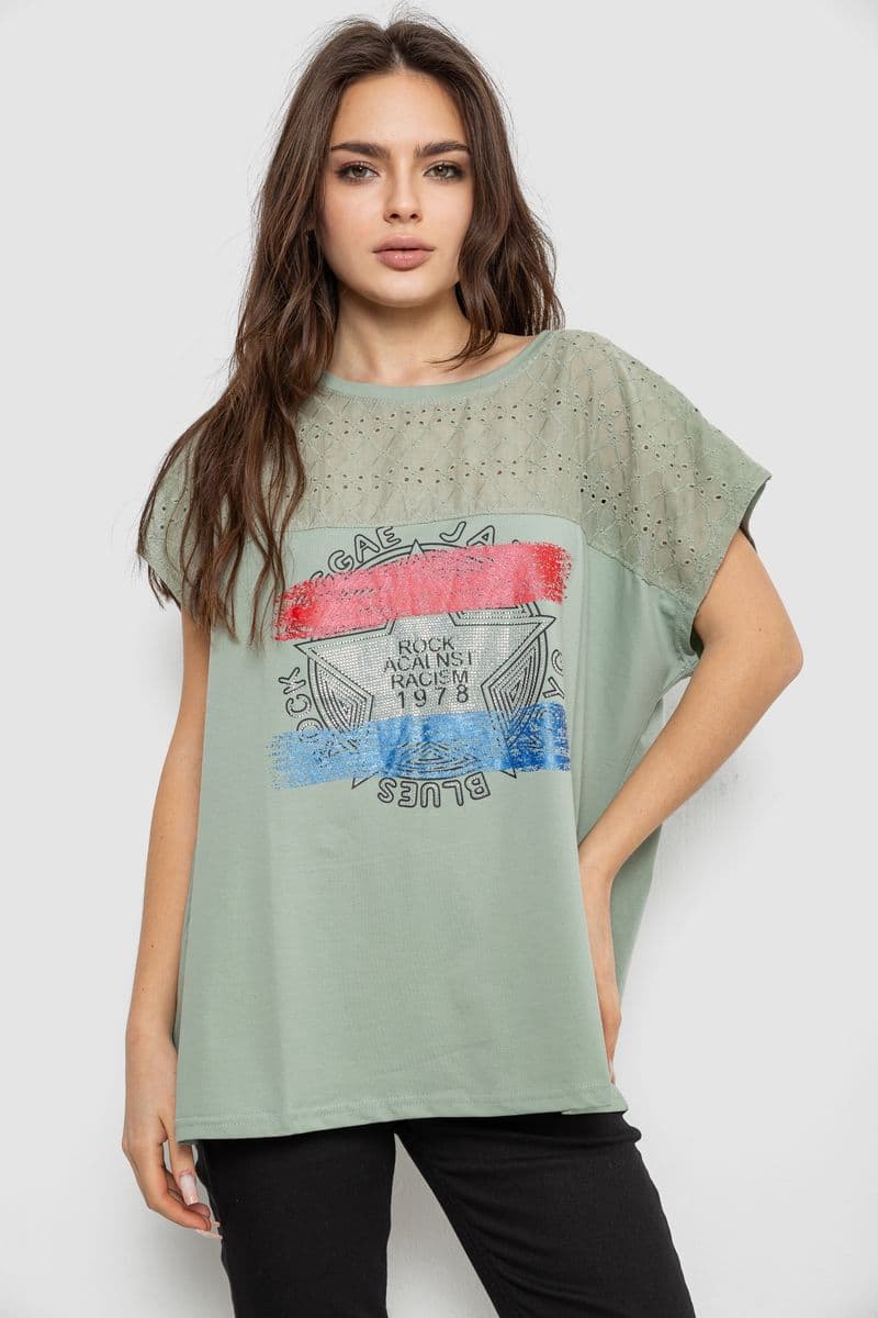Футболка жіноча з принтом, колір оливковий, 244RW532 - зображення 1