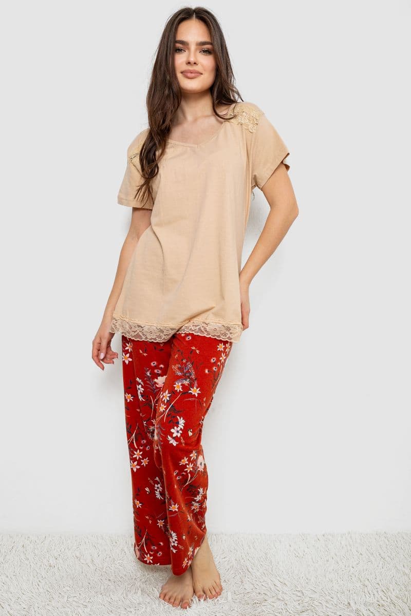 Жіноча піжама з принтом, колір бежевий, 243R1600-013 - зображення 1