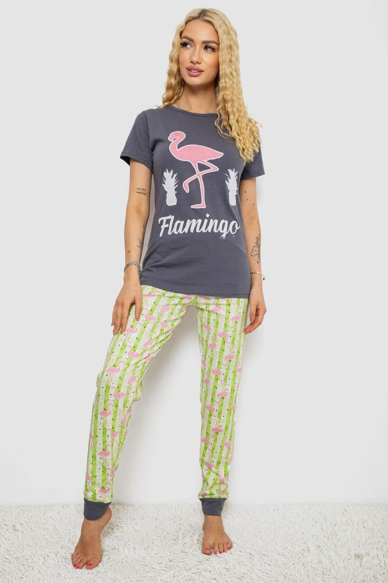 Піжама жіноча з принтом, колір сіро-зелений, 243R15897 - зображення 1