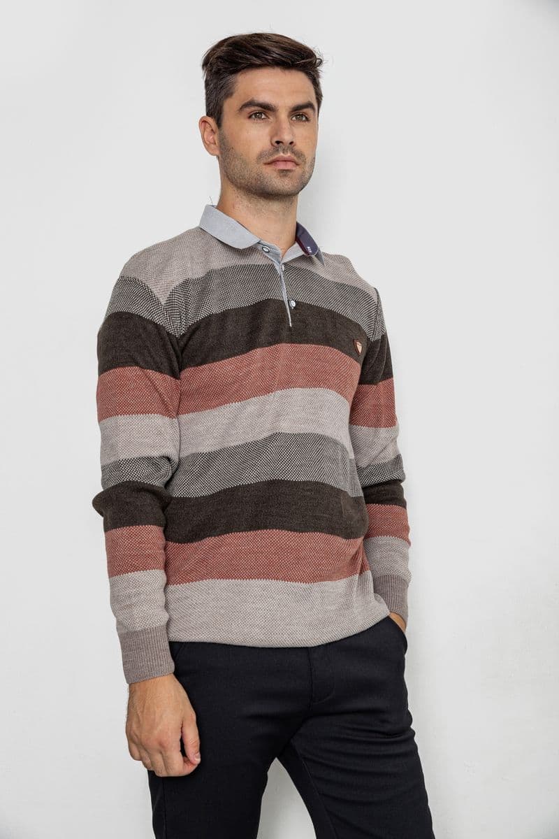 Светр-обманка чоловічий в смужку, колір коричнево-червоний, 161R901-1 - зображення 1