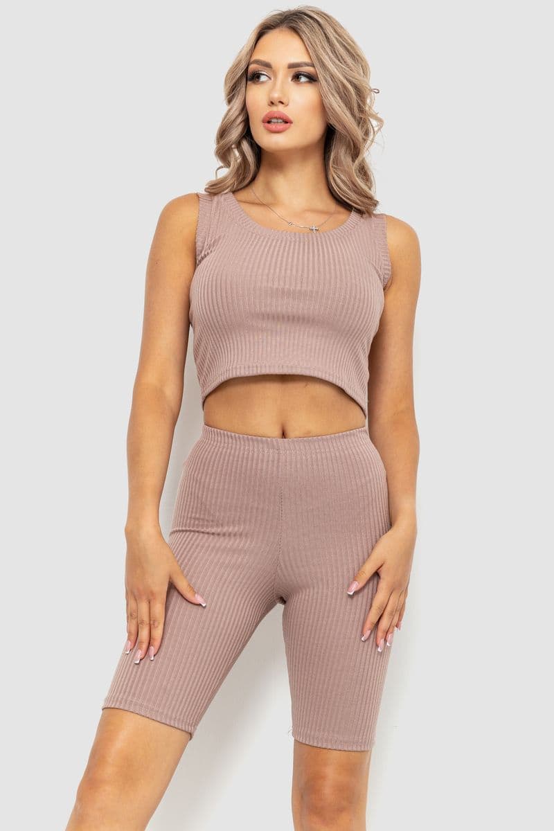 Костюм жіночий в рубчик повсякденний, колір темно-бежевий, 214R700 - зображення 1