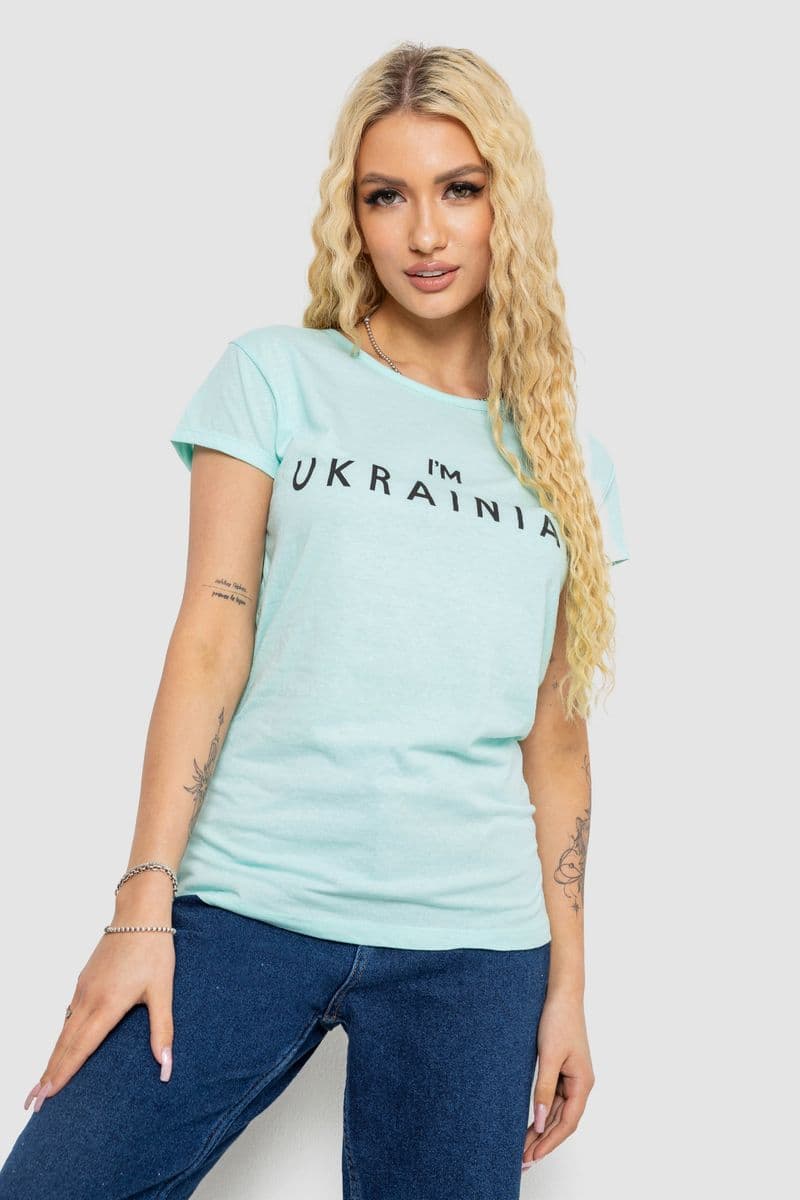 Футболка жіноча з патріотичним принтом, колір м'ятний, 244R2213 - зображення 1