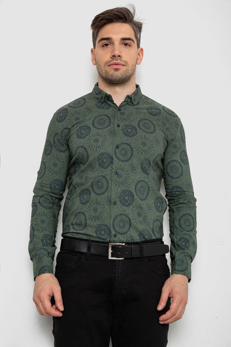 Сорочка чоловіча з принтом стрейч, колір хакі, 214R1024 - зображення 1