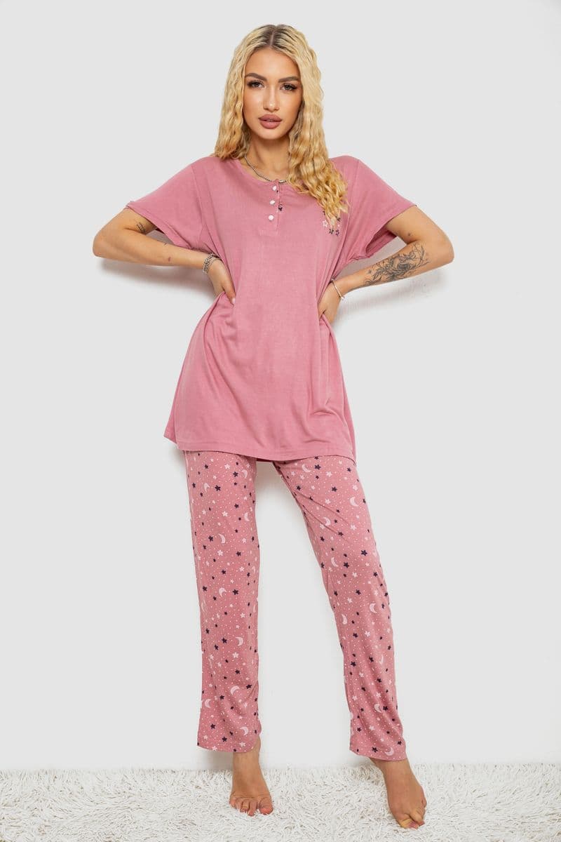 Піжама жіноча з принтом, колір пудровий, 243R7025-1 - зображення 1