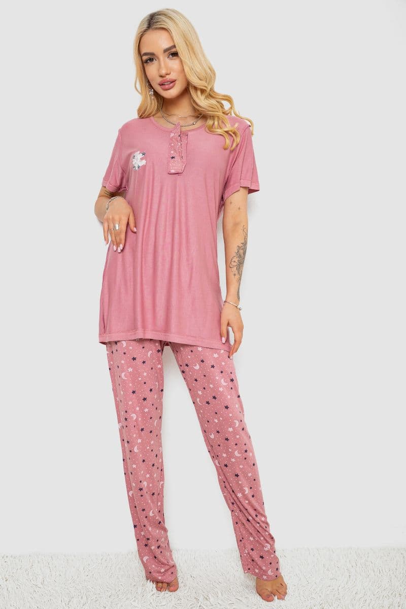 Піжама жіноча з принтом, колір пудровий, 243R7025 - зображення 1