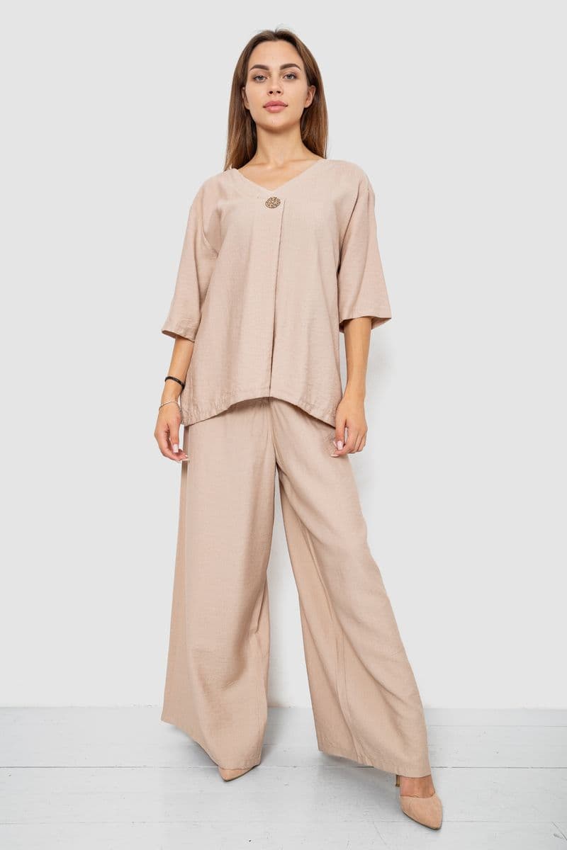 Костюм жіночий тканина льон жатка, колір бежевий, 102R5263 - зображення 1