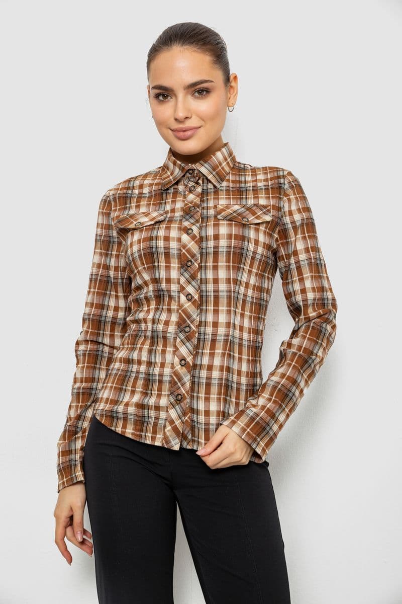Сорочка жіноча в клітку, колір темно-бежевий, 230R064-1 - зображення 1