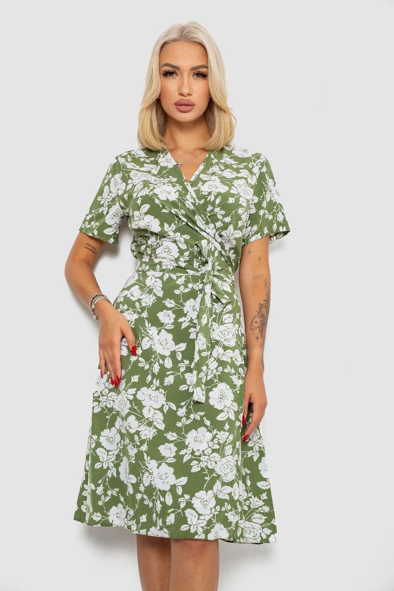 Сукня софт на запах із принтом, колір оливковий, 230R0107 - зображення 1