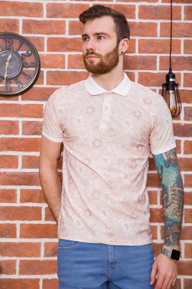 Чоловіче поло, в квітковий принт, бежевого кольору, 194R2120 - зображення 1