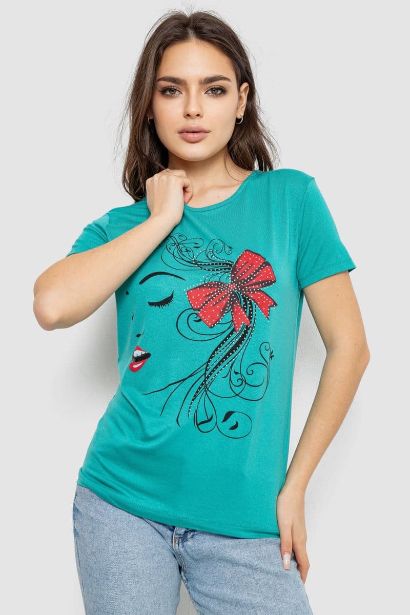 Футболка жіноча з принтом, колір бірюзовий, 244R503 - зображення 1