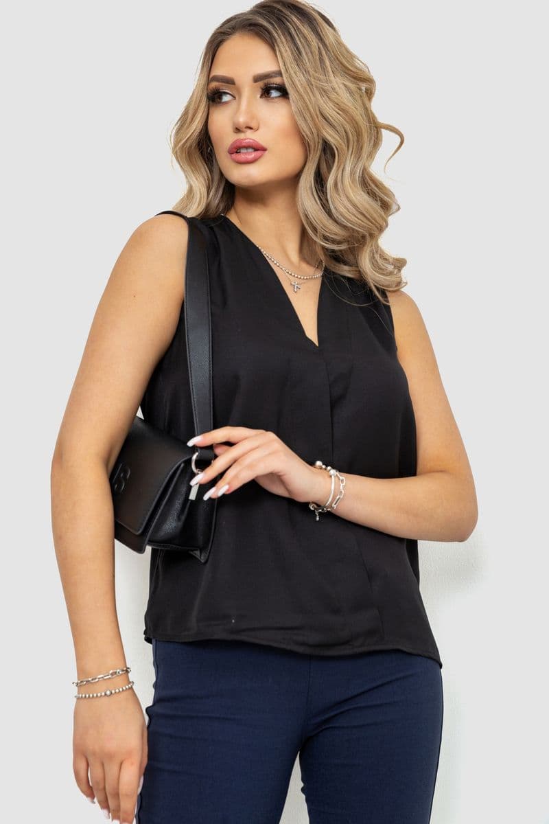 Блуза без рукавів шифон, колір чорний, 244R061 - зображення 1