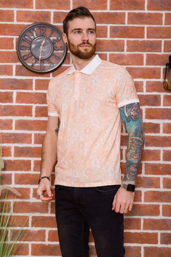 Чоловіче поло, в квітковий принт, персикового кольору, 194R2120 - зображення 1