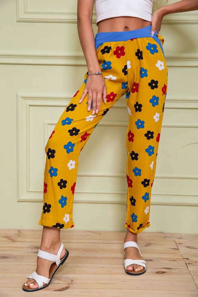 Літні жіночі штани, гірчичного кольору в принт, 172R064 - зображення 1